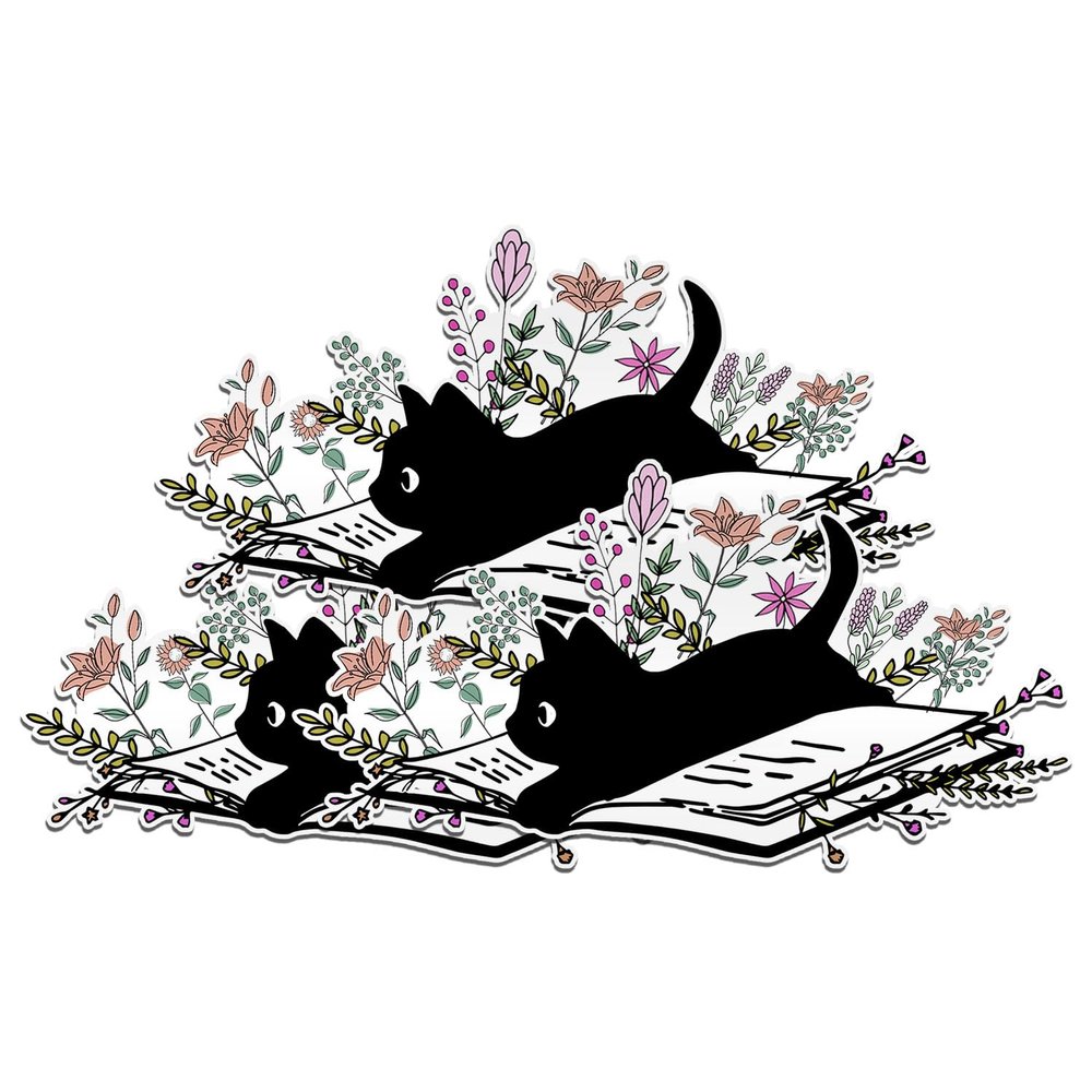 (3PCS) Black Cat on Book Sticker Cute Floral Cat Stickers Book Lover, Bookish, Booktok, Reader Kindle, Halloween Cat Die-Cut Waterproof Vinyl Sticker for Laptop Water Bottle Phone Case Car (2 Inches)