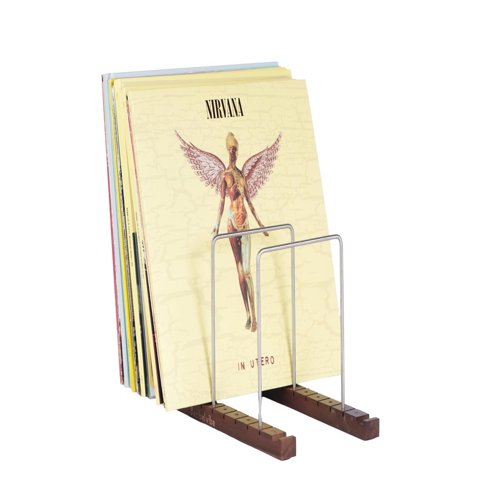 Decibelvibe Vinyl Record Storage and Record Player Stand, Now Playing Display with Stainless Steel and Solid Walnut Wood Premium Design, Up to 75 Vinyl records