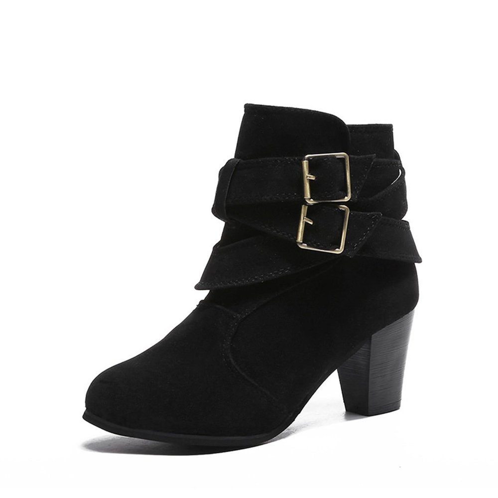 HINDOLA Women's Ankle Boots Round Toe High Heel Chunky Block Stacked Heels Booties Casual Suede Boots Buckle Strap Pump Boots