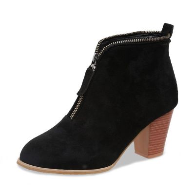 HINDOLA Women's Zipper Booties Chunky Stacked Heel Ankle Boots High Heel Suede Booties Fashion Zip-up Pointed Toe Ankle Boot Wedding Boots
