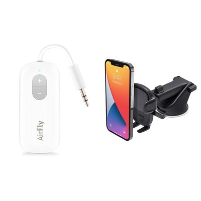 Twelve South AirFly SE, Premium Bluetooth Wireless Audio Transmitter & iOttie Easy One Touch 5 Dashboard & Windshield Universal Car Mount Phone Holder Desk Stand
