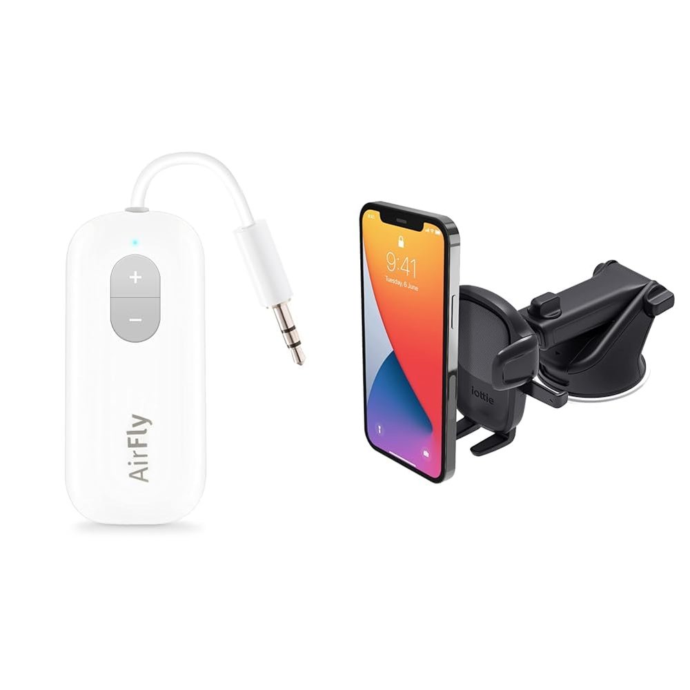 Twelve South AirFly SE, Premium Bluetooth Wireless Audio Transmitter & iOttie Easy One Touch 5 Dashboard & Windshield Universal Car Mount Phone Holder Desk Stand