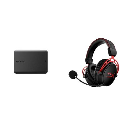 Toshiba Canvio Basics 1TB Portable External Hard Drive USB 3.0, Black - HDTB510XK3AA & HyperX Cloud Alpha Wireless - Gaming Headset for PC, 300-hour Battery Life