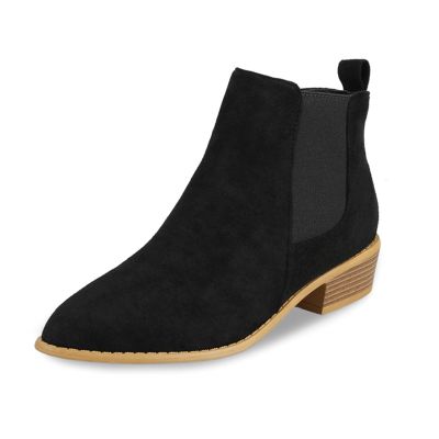 HINDOLA Women's Booties Chunky Stacked Heel Ankle Boots Low Heel Suede Booties Fashion Zipper Pointed Toe Dressy Office Booties