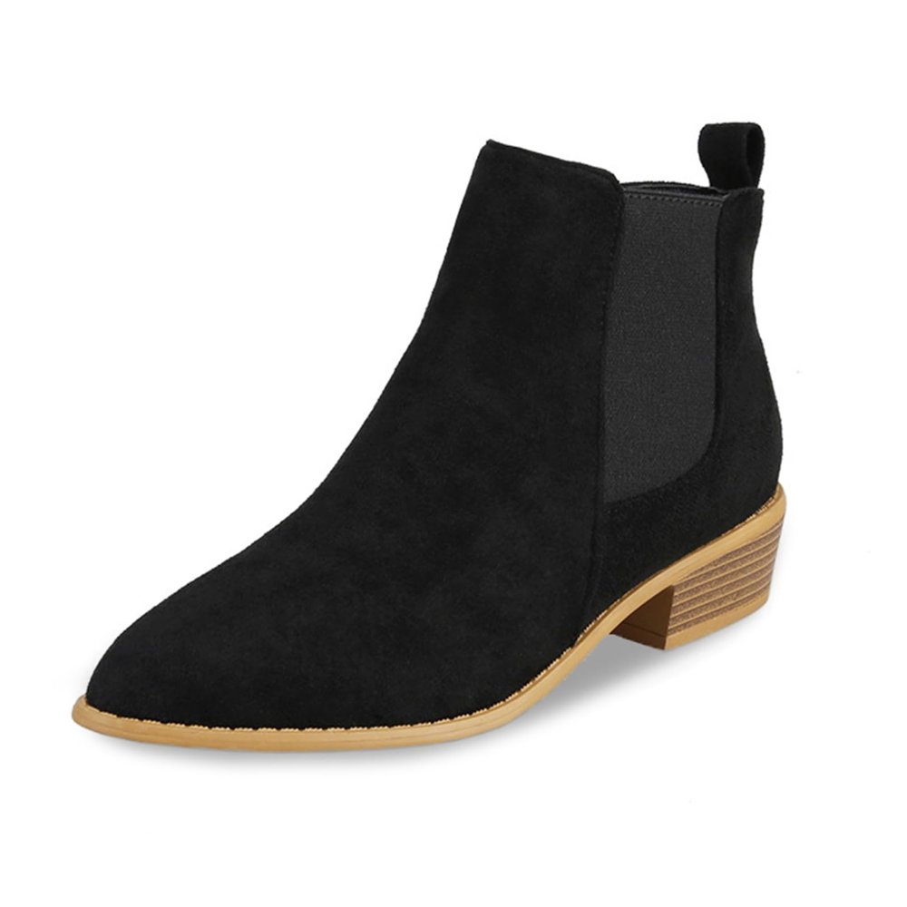 HINDOLA Women's Booties Chunky Stacked Heel Ankle Boots Low Heel Suede Booties Fashion Zipper Pointed Toe Dressy Office Booties