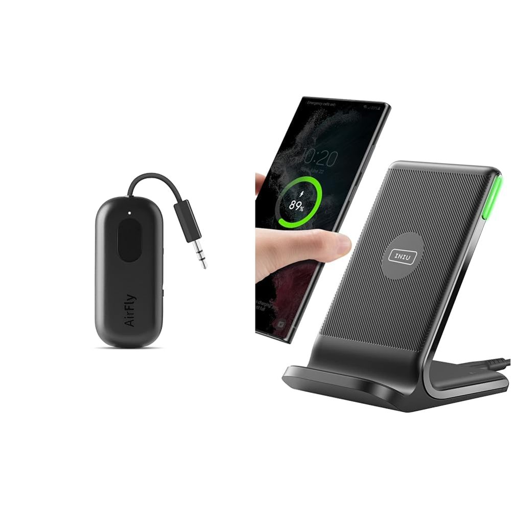 Twelve South AirFly Pro Bluetooth Wireless Audio Transmitter/Receiver & INIU Wireless Charger, 15W Fast Qi-Certified Wireless Charging Station