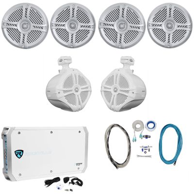 Rockville RMSTS65S Bundle: (4) Silver 6.5 in 800W Waterproof Marine Speakers, (2) RWB90W White 8-in 300W Wakeboard Tower Speakers, RXM-S6 2600W 6-Ch Marine Amplifier, RMWK4 Amp Kit, 8-Items
