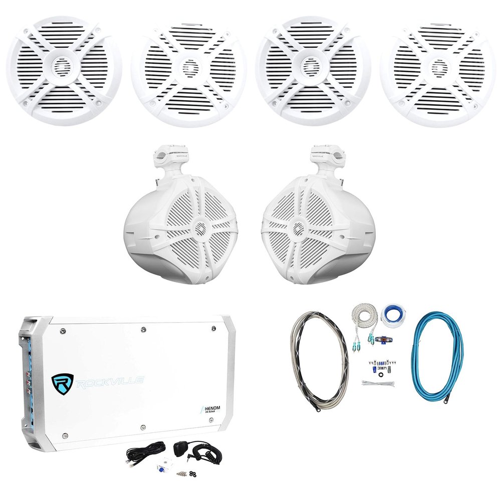 Rockville RXM-S6 Bundle: 2600W Marine 6 Ch Amplifier with PA Mic, (4) RMSTS65W 6.5" 800W Per Pair 2-Way Boat Speakers, (2) RWB90W 8" 300W Wakeboard Tower Speakers, RMWK4 4 AWG Amp Install Kit, 8-items
