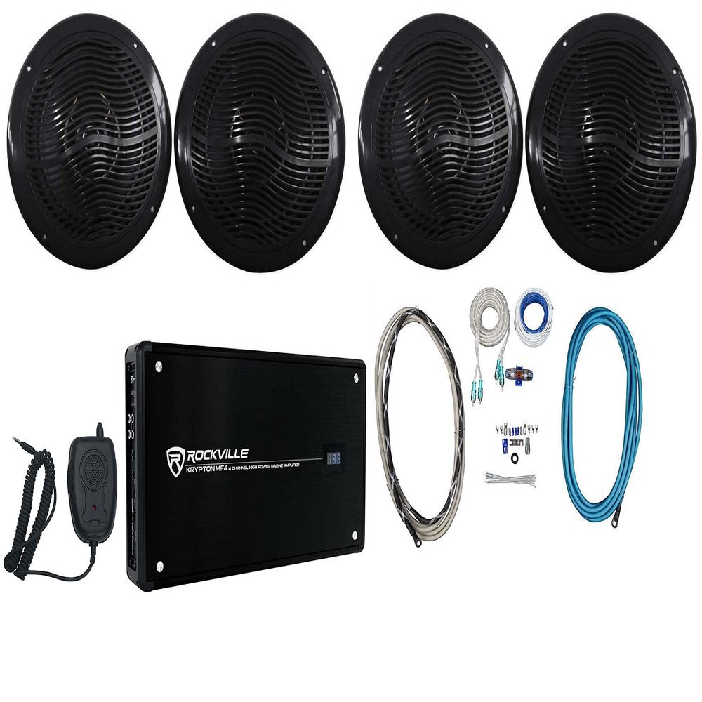 Rockville RMC80B Bundle: 2 Pair 8 in 100W RMS/400W Peak 4-Ohm Waterproof Marine Boat Speakers, Krypton MF4 600W RMS/2400W Peak 4-Channel Marine Amp, RMWK4 4 AWG Kit, 6-Items