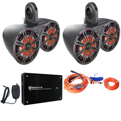 Audiosavings Bundle: (1) Pair Kicker KMTED Marine Tower Dual Speakers Bundle with (4) Kicker 43KM654L 6.5" 390w Marine LED Speakers & Rockville RXM-F4 Marine 4 Ch. Amp+Amplifier Wire Kit (8 Items)