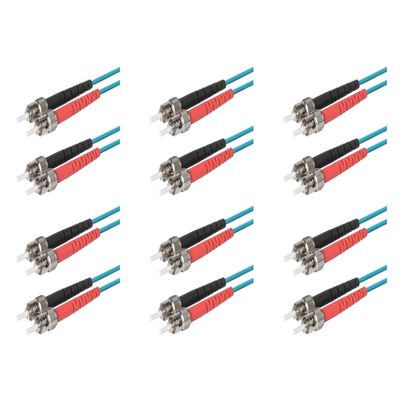 SpeedyFiberTX 6-Pack 8 Meter ST to ST Fiber Optic Patch Cable, Red and Black Boots, Corning ClearCurve Multimode OM3 50/125um Optical Fiber, Duplex Aqua Riser OFNR Cable Jacket