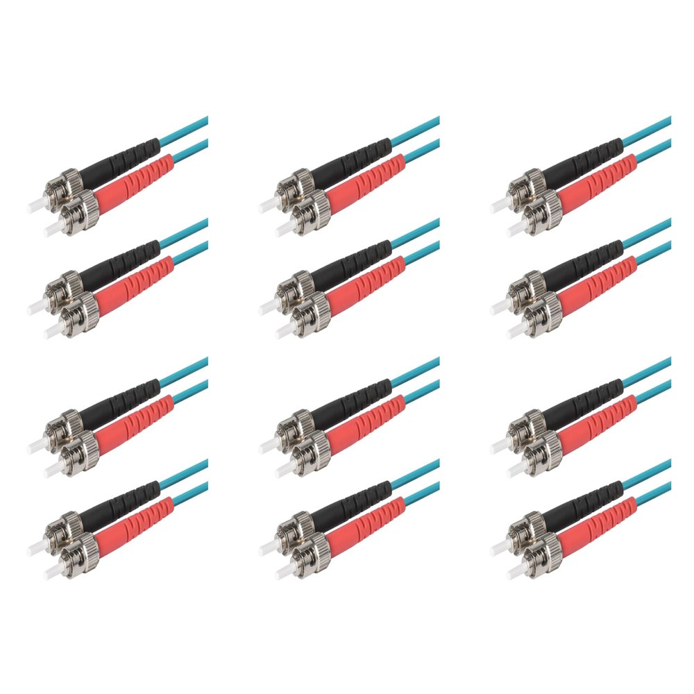 SpeedyFiberTX 6-Pack 8 Meter ST to ST Fiber Optic Patch Cable, Red and Black Boots, Corning ClearCurve Multimode OM3 50/125um Optical Fiber, Duplex Aqua Riser OFNR Cable Jacket
