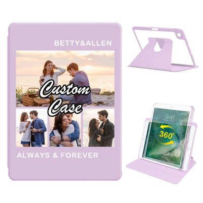360 Degree Rotate Personalized Photo Case for iPad 10.2 Inch 7th / 8th / 9th Gen (2021/2020/2019) with Pencil Holder,Custom Multi Photo Collage Picture iPad Protective Cover,Smart Sleep/Wake,Purple