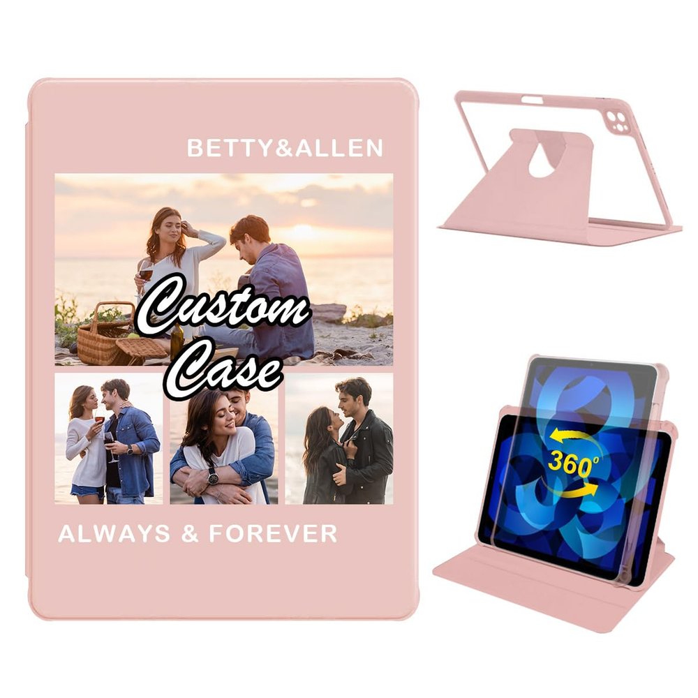 360 Degree Rotate Personalized Photo Case for iPad Pro 11 inch (1st, 2nd, 3rd & 4th Gen) 2018/2020/2021/2022 with Pencil Holder,Custom Multi Photo Collage Picture Cover,Smart Auto Sleep/Wake,Pink