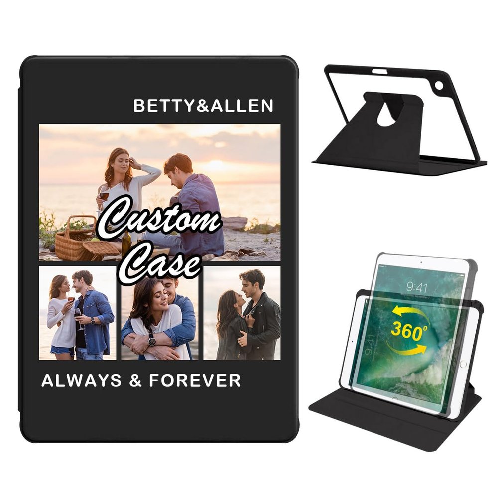 360 Degree Rotate Personalized Photo Case for iPad 10.2 Inch 7th / 8th / 9th Gen (2021/2020/2019) with Pencil Holder,Custom Multi Photo Collage Picture iPad Protective Cover,Smart Sleep/Wake,Black