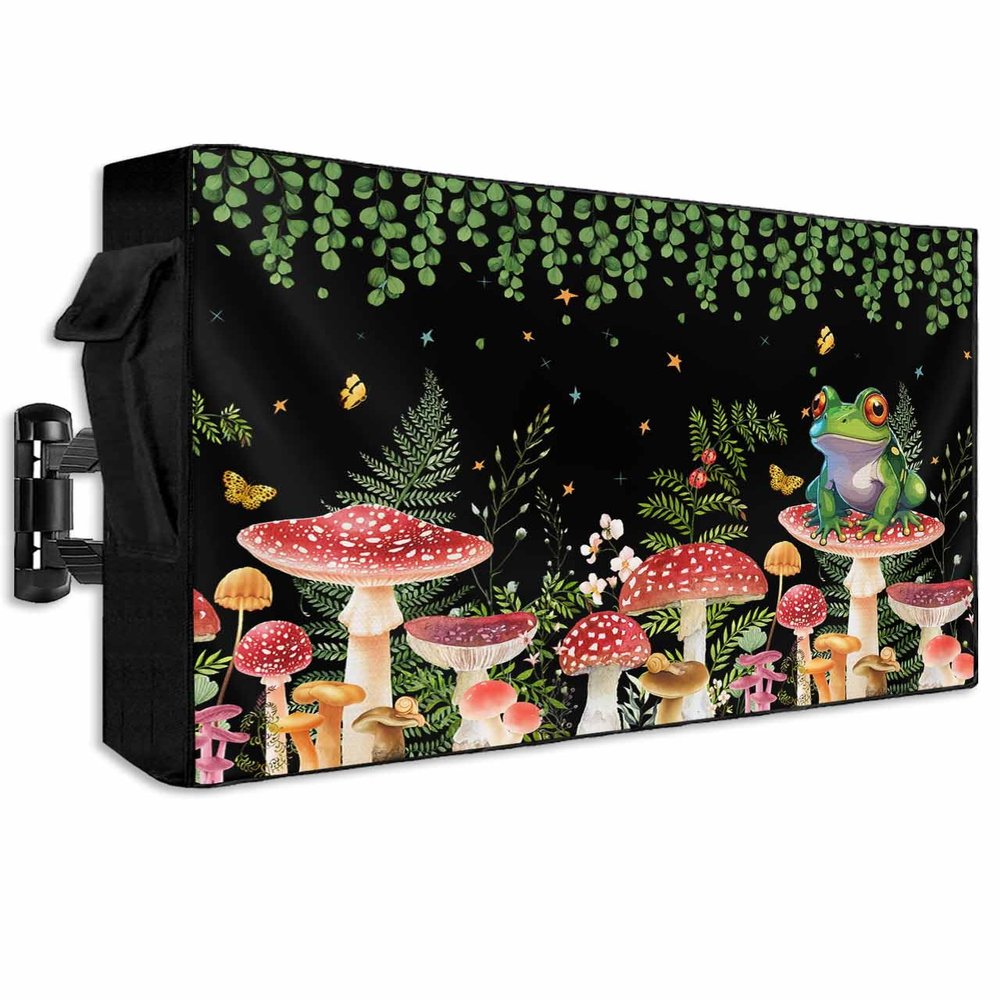 Leaves Plants and Mushrooms Butterfly Frog Texture Outdoor TV Cover Fit TV Size 60-65", Weatherproof and Waterproof TV Oxford Cloths Cover for Outside, TV Enclosure/TV Display Protectors