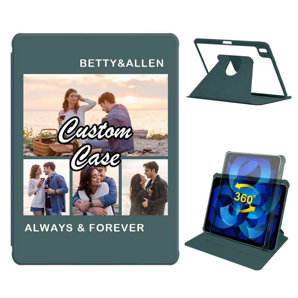 360 Degree Rotate Personalized Photo Case for iPad Air 5th Gen (2022) / Air 4th Gen (2020) 10.9 Inch with Pencil Holder,Custom Multi Photo Collage Picture Protective Cover,Smart Sleep/Wake,Green
