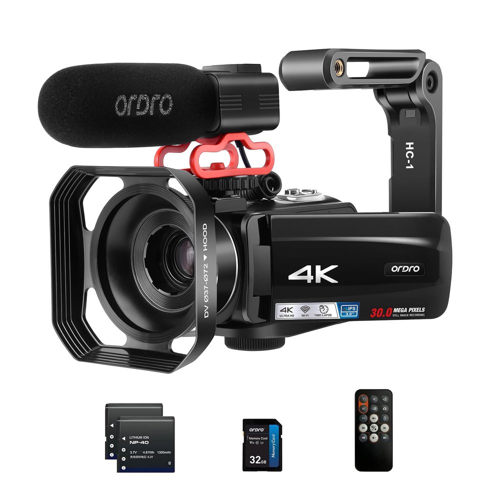 ORDRO 4K Video Camera Camcorder 10X Optical Zoom&120X Intelligent Zoom, 4K 30MP WiFi Vlogging Camera for YouTube Digital Video Camera w/Microphone, 32G Card, Remote Control