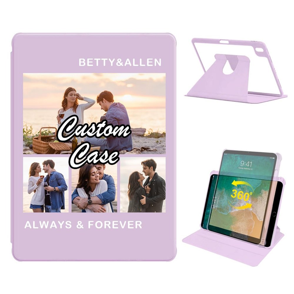 360 Degree Rotate Personalized Photo Case for Apple iPad Pro 9.7 Inch 2016 with Pencil Holder,Custom Multi Photo Collage Picture Protective Cover,Premium Folio Stand Smart Auto Sleep/Wake,Purple
