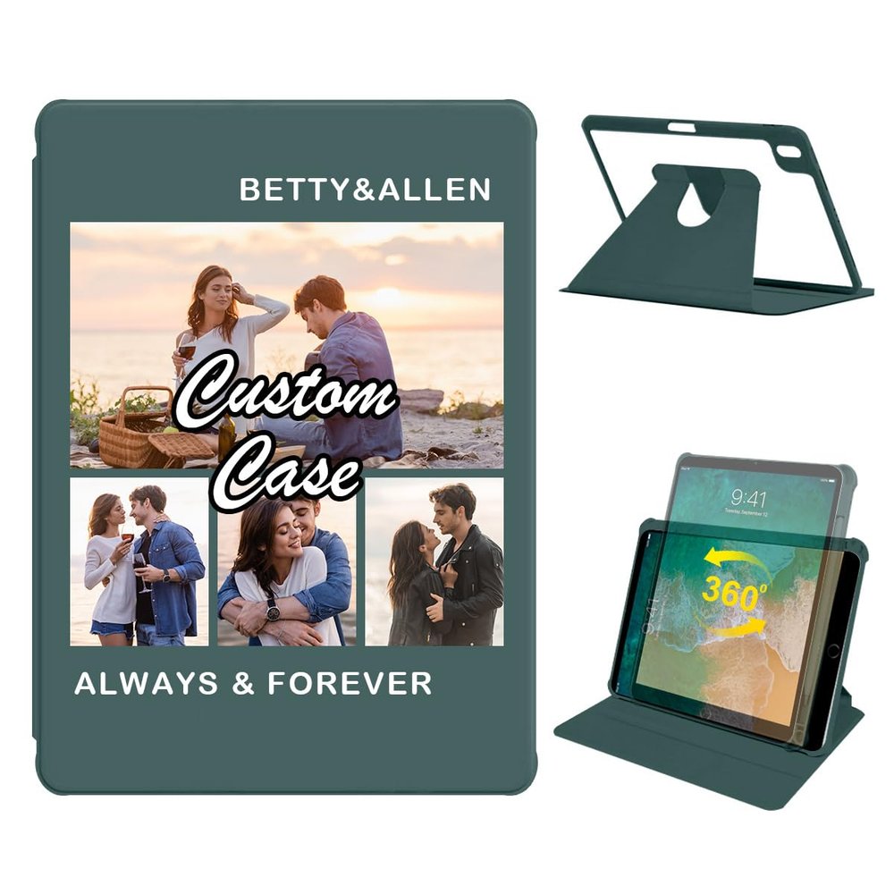360 Degree Rotate Personalized Photo Case for Apple iPad Air 2 /iPad Air 1 (9.7 Inch) with Pencil Holder,Custom Multi Photo Collage Picture Protective Cover,Premium Folio Stand Auto Sleep/Wake,Green