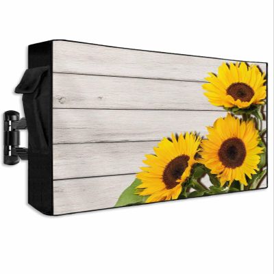 Farmhouse Sunflower Outdoor TV Cover 52-55", Weatherproof and Waterproof TV Oxford Cloths Cover for Outside, Rustic Wood Grain TV Enclosure/Television Screen Protectors/TV Display Protectors