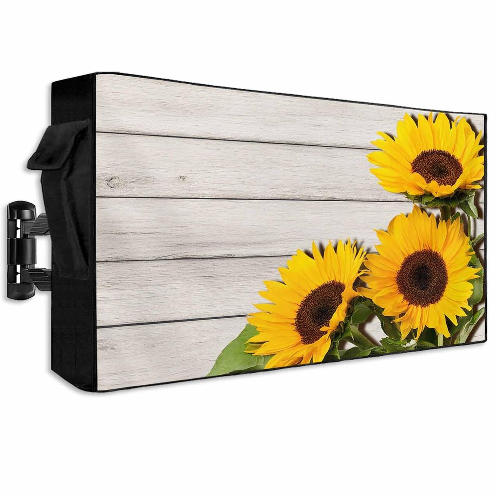 Farmhouse Sunflower Outdoor TV Cover 52-55", Weatherproof and Waterproof TV Oxford Cloths Cover for Outside, Rustic Wood Grain TV Enclosure/Television Screen Protectors/TV Display Protectors