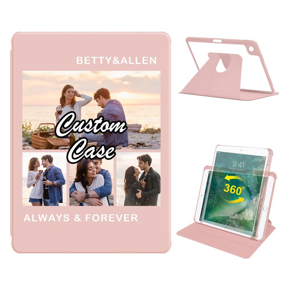 360 Degree Rotate Personalized Photo Case for 2018/2017 iPad 9.7 Inch 5th / 6th Gen with Pencil Holder,Custom Multi Photo Collage Picture Tablet Protective Cover,Smart Auto Sleep/Wake,Pink