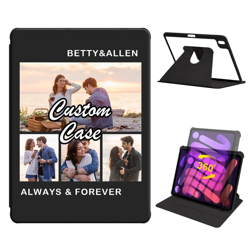 360 Degree Rotate Personalized Photo Case for 2024 iPad mini 7 (A17 Pro) & 2021 iPad mini 6 with Pencil Holder,Custom Multi Photo Collage Picture Protective Cover, Folio Stand Smart Sleep/Wake,Black