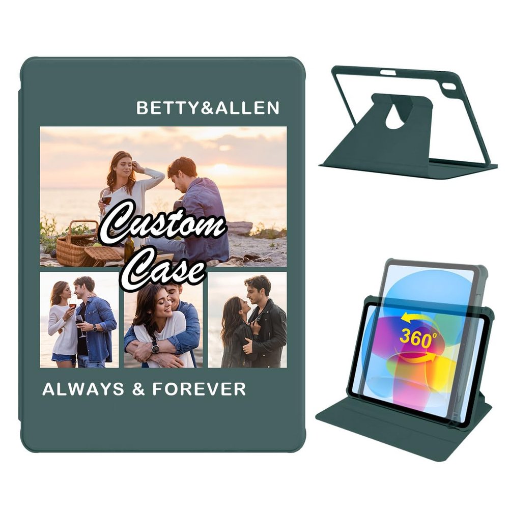 360 Degree Rotate Personalized Photo Case for Apple iPad 10th Gen 10.9 Inch 2022 with Pencil Holder,Custom Multi Photo Collage Picture Protective Cover,Premium Folio Stand Smart Sleep/Wake,Green