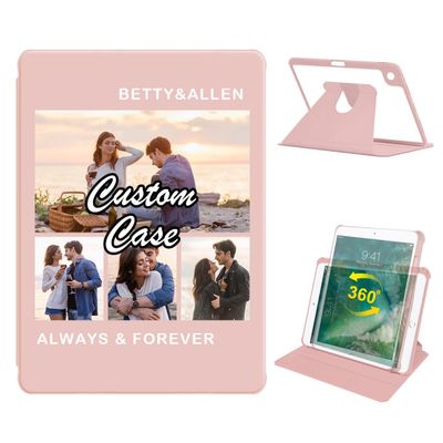 360 Degree Rotate Personalized Photo Case for iPad 10.2 Inch 7th / 8th / 9th Gen (2021/2020/2019) with Pencil Holder,Custom Multi Photo Collage Picture iPad Protective Cover,Smart Sleep/Wake,Pink