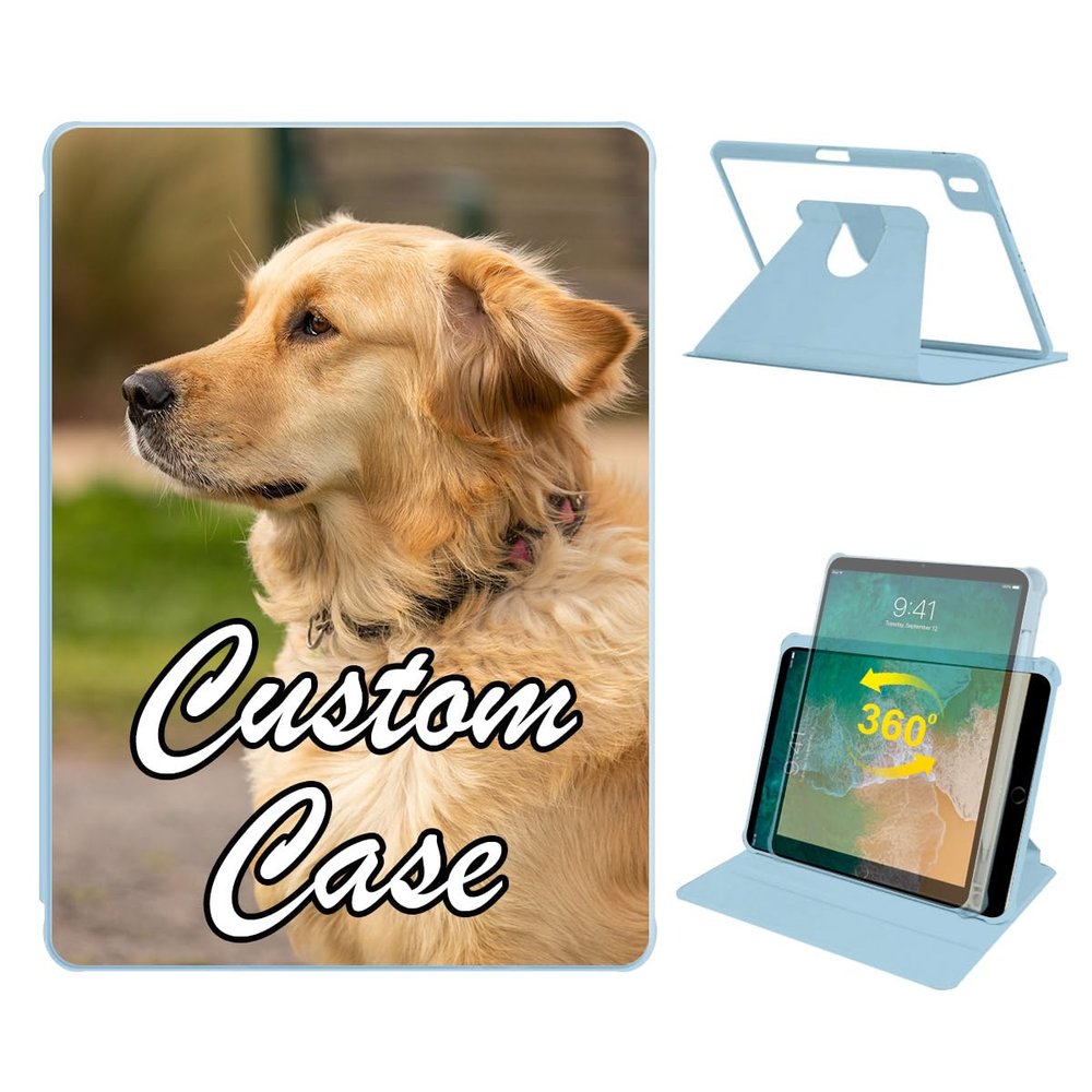 Custom 360 Rotating Case for Apple 9.7 iPad Pro 2016 with Pencil Holder,Personalized Photo Name Logo Rotation Protective Folio Stand Cover for A2696 A2757 A2777 Clear Back Auto Wake/Sleep Blue