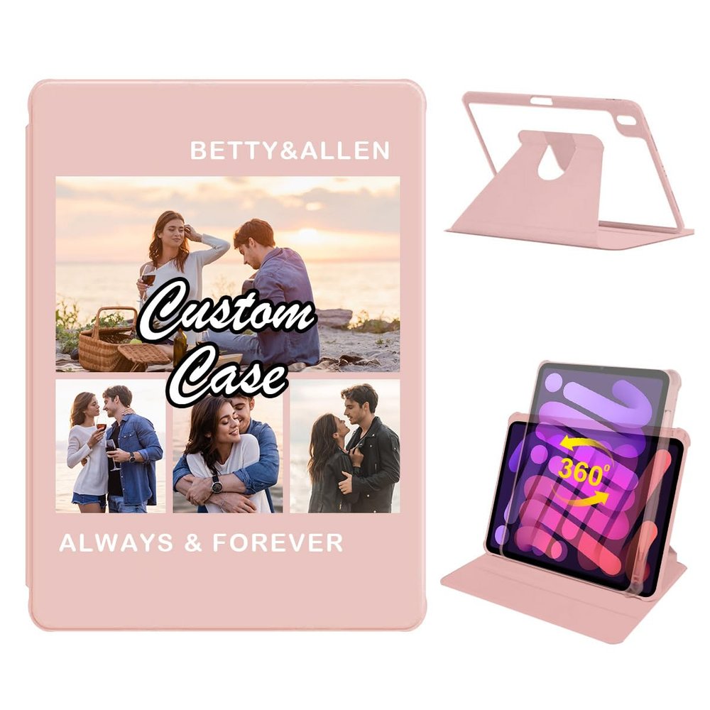 360 Degree Rotate Personalized Photo Case for 2024 iPad mini 7 (A17 Pro) & 2021 iPad mini 6 with Pencil Holder,Custom Multi Photo Collage Picture Protective Cover, Folio Stand Smart Sleep/Wake,Pink