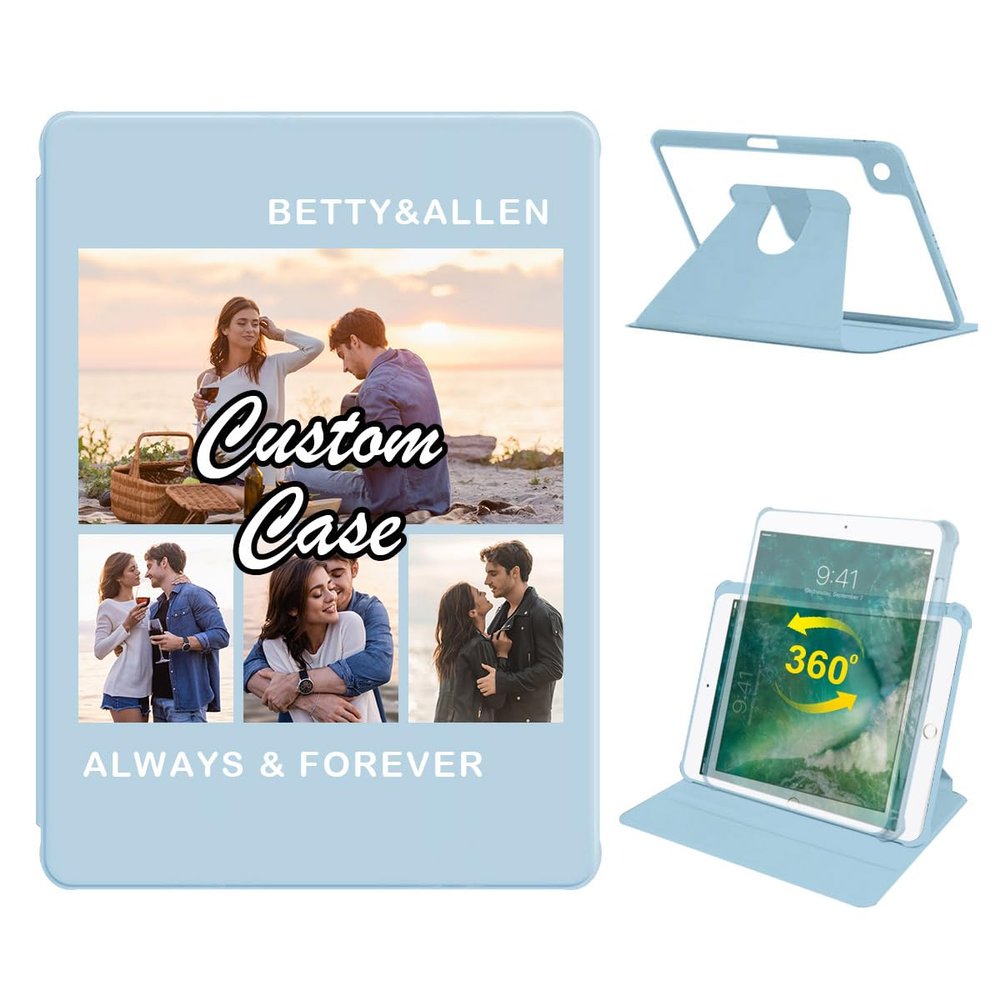 360 Degree Rotate Personalized Photo Case for iPad 10.2 Inch 7th / 8th / 9th Gen (2021/2020/2019) with Pencil Holder,Custom Multi Photo Collage Picture iPad Protective Cover,Smart Sleep/Wake,Blue