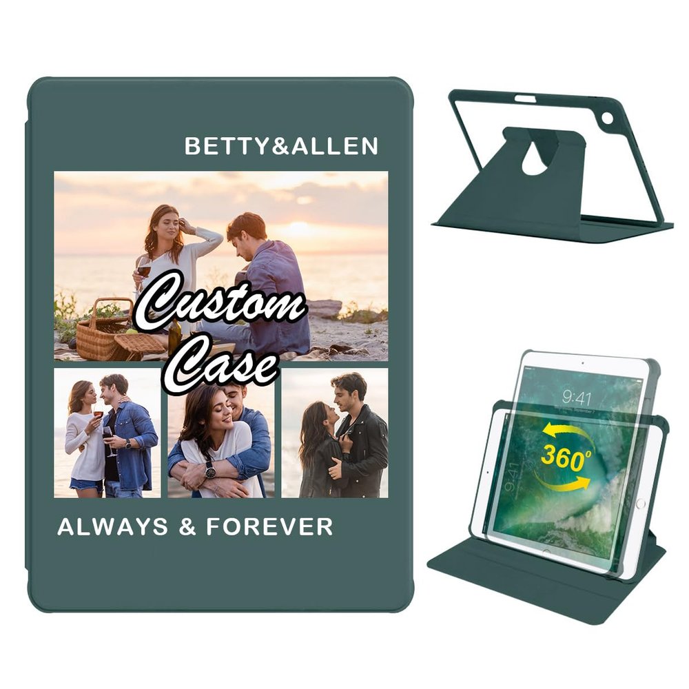 360 Degree Rotate Personalized Photo Case for 2018/2017 iPad 9.7 Inch 5th / 6th Gen with Pencil Holder,Custom Multi Photo Collage Picture Tablet Protective Cover,Smart Auto Sleep/Wake,Green