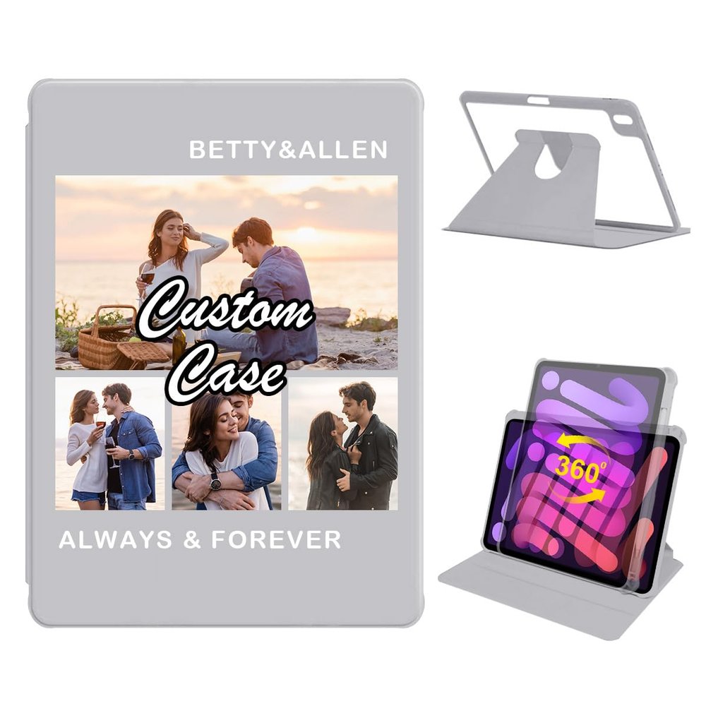 360 Degree Rotate Personalized Photo Case for 2024 iPad mini 7 (A17 Pro) & 2021 iPad mini 6 with Pencil Holder,Custom Multi Photo Collage Picture Protective Cover, Folio Stand Smart Sleep/Wake,Grey