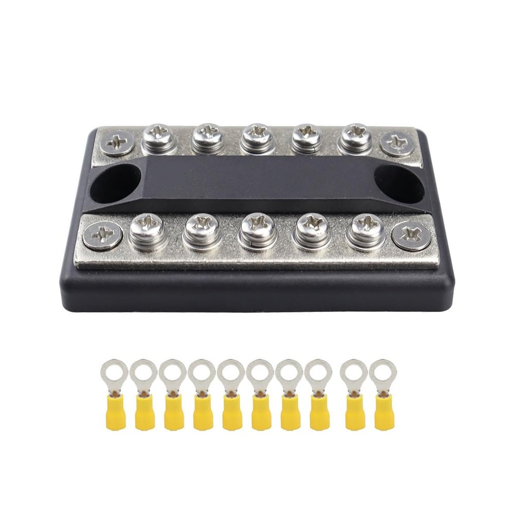 Power Distribution Block Bus Bar Double Row with Ring Terminals for Boat/Car/RV/Yacht, 5 Screws Terminals, Max 48V 100A(Black)