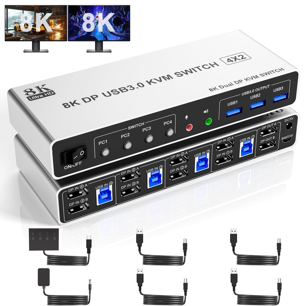 8K@60Hz USB3.0 Displayport KVM Switch 2 Monitors 4 Computers, 4 Port DP1.4 Dual Monitor Displayport KVM Switch with Audio, Microphone and 3 USB3.0, Dual Monitors Displayport KVM Switch for 4PCs