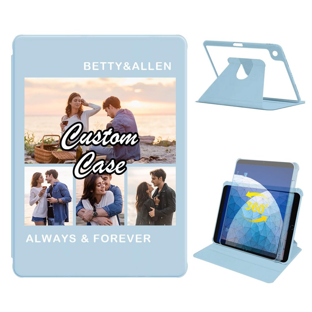360 Degree Rotate Personalized Photo Case for iPad Air 3 (10.5-Inch 2019, 3rd Gen) with Pencil Holder,Custom Multi Photo Collage Picture Protective Cover,Premium Folio Stand Smart Sleep/Wake,Blue