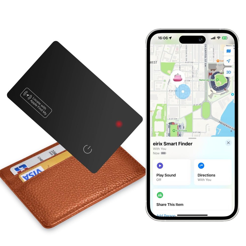 eirix Wallet Tracker Card (iOS Only), Slim Smart GPS Tracker Works with Apple Find My, Rechargeable Wallet Tracker and Item Locator for Luggage, Purse, Card Bag (Black, 1 Pack)