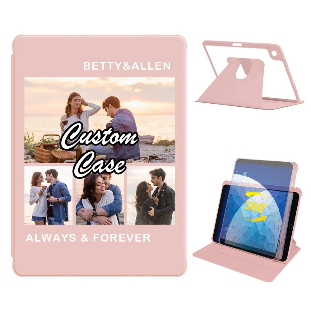 360 Degree Rotate Personalized Photo Case for iPad Air 3 (10.5-Inch 2019, 3rd Gen) with Pencil Holder,Custom Multi Photo Collage Picture Protective Cover,Premium Folio Stand Smart Sleep/Wake,Pink
