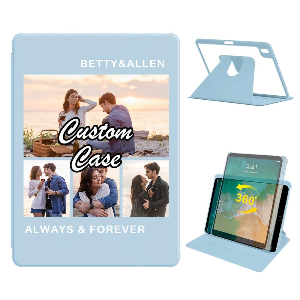 360 Degree Rotate Personalized Photo Case for Apple iPad Air 2 /iPad Air 1 (9.7 Inch) with Pencil Holder,Custom Multi Photo Collage Picture Protective Cover,Premium Folio Stand Auto Sleep/Wake,Blue