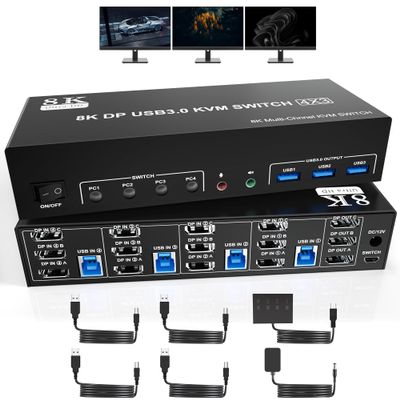 clickfish 8K@60Hz USB3.0 DisplayPort KVM Switch 3 Monitors 4 Computers, DP1.4 Triple Monitor KVM Switch with Audio Microphone Output and 3 USB3.0 Ports, Black, Manual Switch