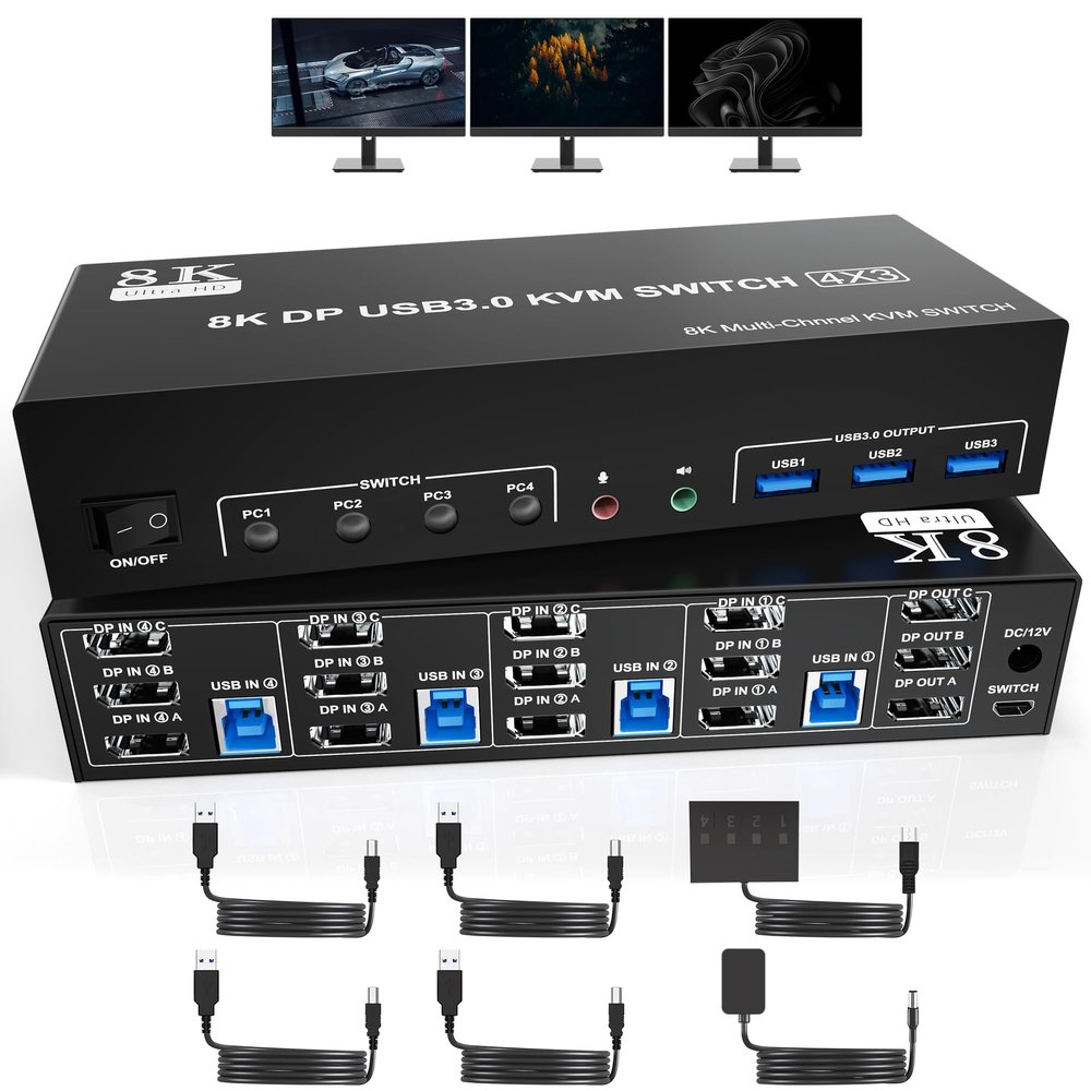 clickfish 8K@60Hz USB3.0 DisplayPort KVM Switch 3 Monitors 4 Computers, DP1.4 Triple Monitor KVM Switch with Audio Microphone Output and 3 USB3.0 Ports, Black, Manual Switch