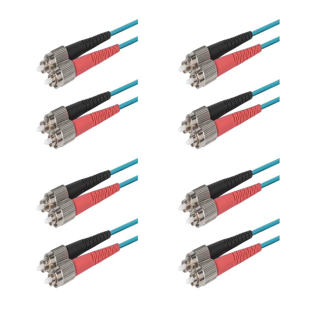 SpeedyFiberTX 4-Pack 8 Meter FC to FC Fiber Optic Patch Cable, Red and Black Boots, Corning ClearCurve Multimode OM4 50/125um Optical Fiber, Duplex Aqua Riser OFNR Cable Jacket