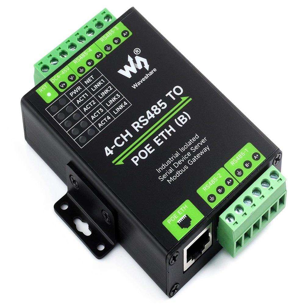 4-Ch RS485 to RJ45 Ethernet Serial Server with PoE Function, 4 Channels RS485 Independent Operation, Rail-Mount Industrial Isolated Serial Module, Bi-Directional Transparent Transmission
