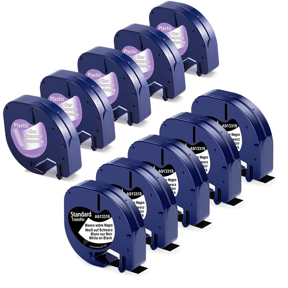 5 Clear + 5 Black Label Replace for Dymo Label Maker Refills Plastic LT Labeling Tape 12mm x 4m for DYMO LetraTag LT-100T LT-100H LT200B QX50 Labeler