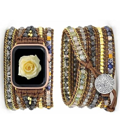 Handmade Beaded Boho Watch Band, Boho Watch for women, Bracelet Compatible with Apple Watch 38mm/40mm/41mm/42mm/44mm/45mm-Watch Strap for Iwatch Series 8/7/6/5/4/3/2/1/SE (B-Agate, 42/44/45mm)