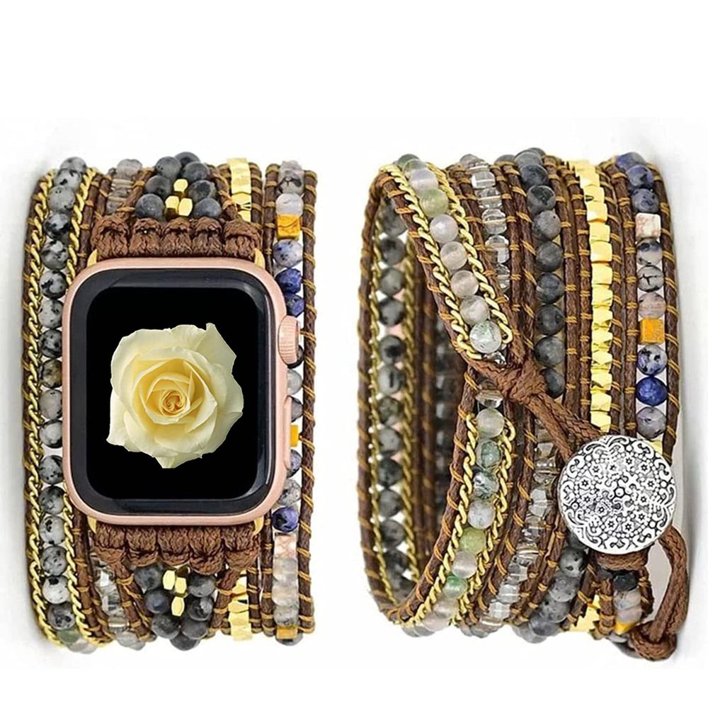 Handmade Beaded Boho Watch Band, Boho Watch for women, Bracelet Compatible with Apple Watch 38mm/40mm/41mm/42mm/44mm/45mm-Watch Strap for Iwatch Series 8/7/6/5/4/3/2/1/SE (B-Agate, 42/44/45mm)
