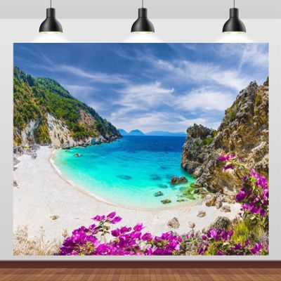 CORFOTO 12x8ft Fabric Greece Beach Backdrop Ionian Sea Lefkada Island Spring Mountain Blue Sea Scenery Background Greek Theme Party Decor Portrait Photoshoot Studio Booth Props