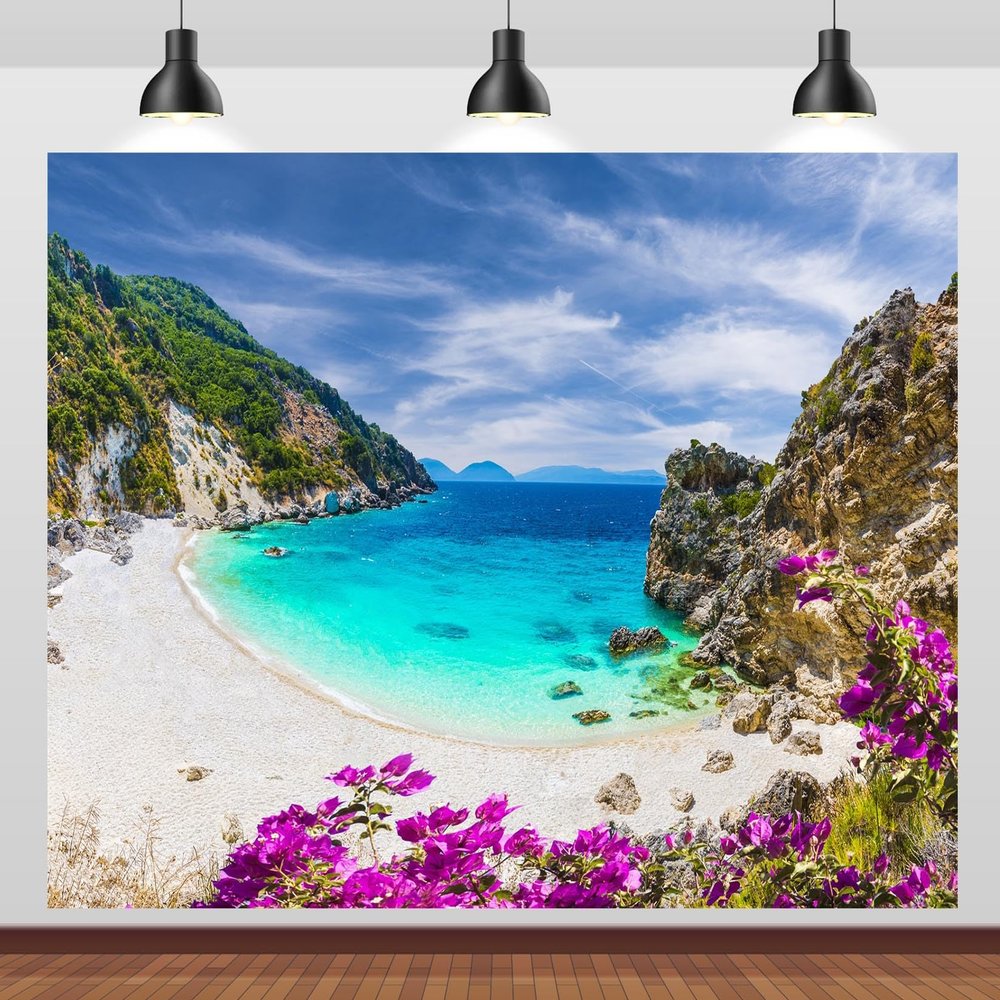 CORFOTO 12x8ft Fabric Greece Beach Backdrop Ionian Sea Lefkada Island Spring Mountain Blue Sea Scenery Background Greek Theme Party Decor Portrait Photoshoot Studio Booth Props
